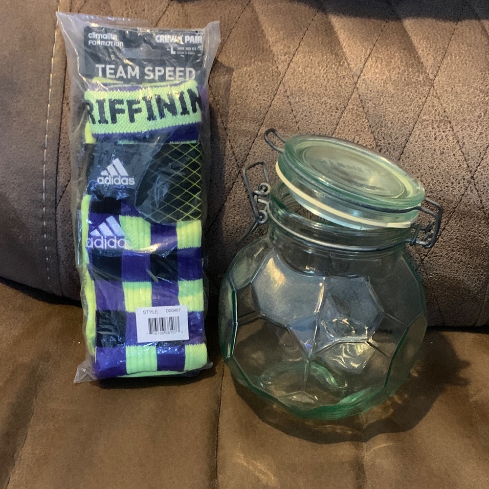 Adidas Team Speed Socks in Purple and Yellow & Soccer jar